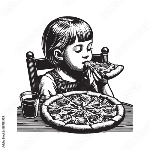 Monochrome art of a child indulging in a pizza slice with enthusiasm