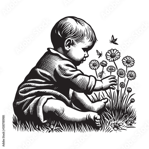 Monochrome baby exploration with daisies in an engraved style artwork