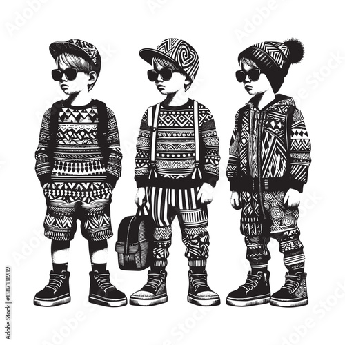 Monochrome avant-garde fashion for kids showcasing unique patterned ensembles