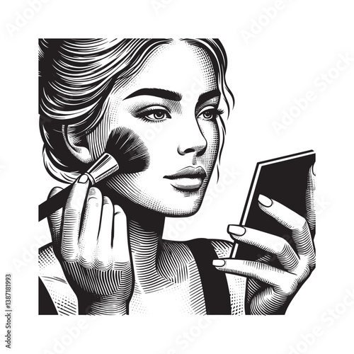 Monochrome beauty portrait of a woman applying blush with a brush near mirror