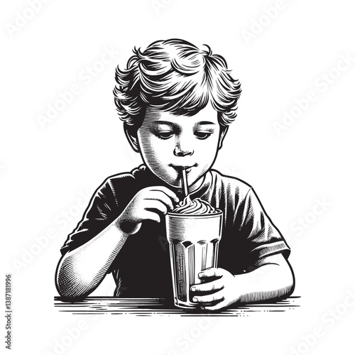 Monochrome delight depiction of a young boy savoring a milkshake drawing