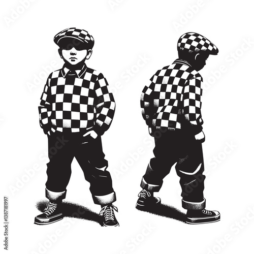 Monochrome child depiction in checkered outfit rendered with woodcut texture
