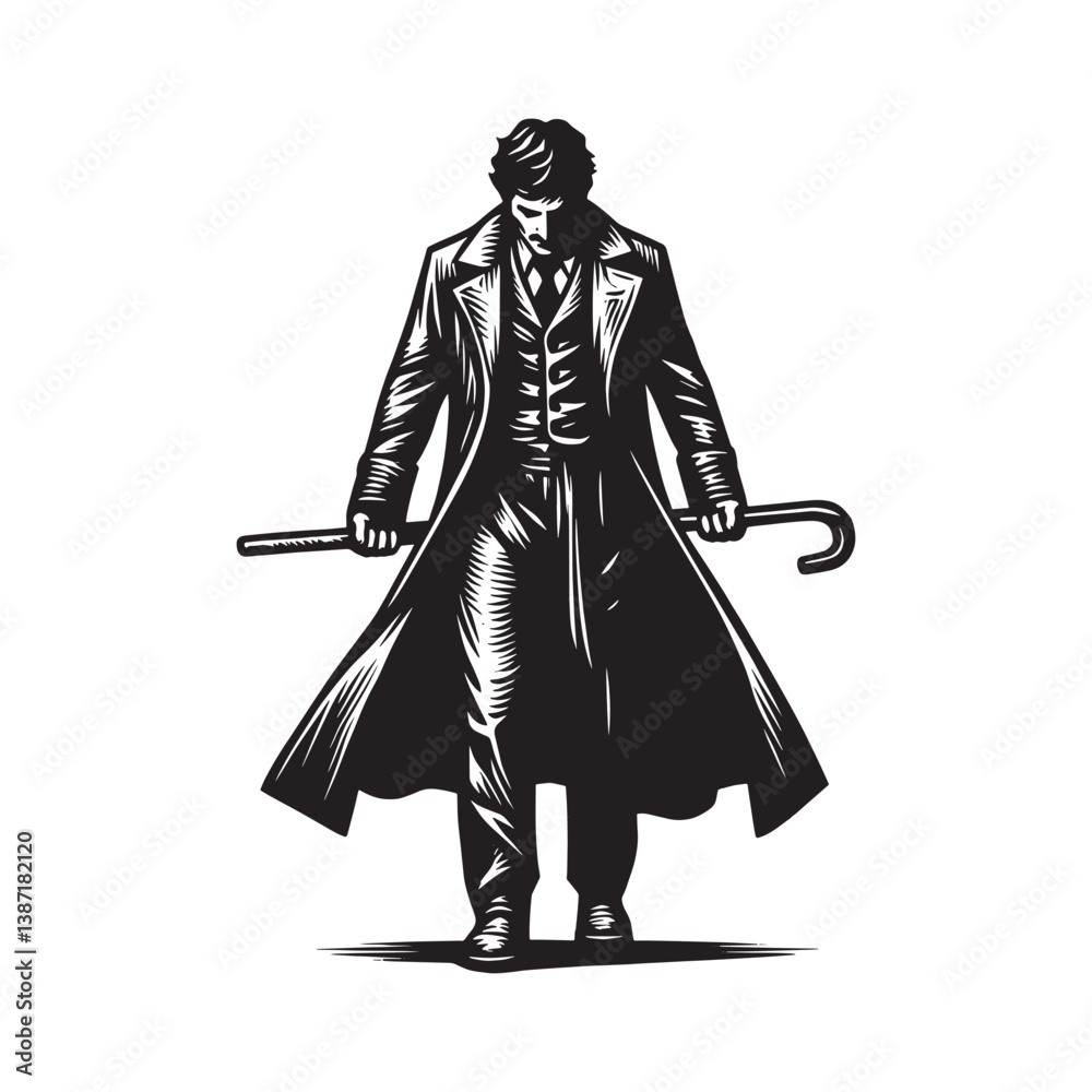 Obraz premium Monochrome depiction of a man in dark attire holding cane in woodcut style