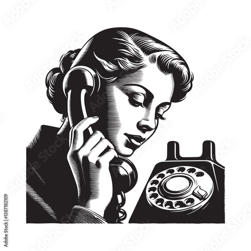 Monochrome depiction of a vintage woman dialing a rotary telephone with woodcut detail