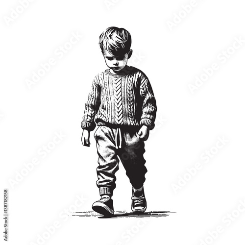 Monochrome depiction of a young boy with expressive woodcut drawing style