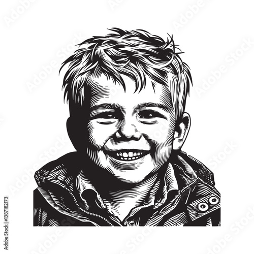 Monochrome depiction of a young boy,s exuberant smile created through detailed linework