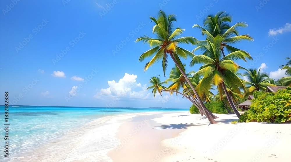 Obraz premium A tropical beach with turquoise water, soft white sand, and palm trees swaying in the breeze under a clear blue sky