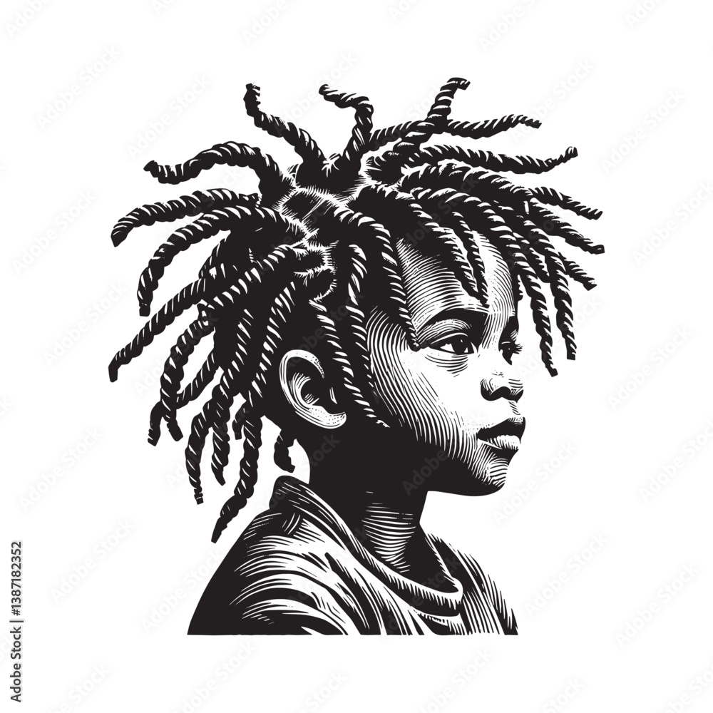 Monochrome depiction of a young person with Marley twists in woodcut style