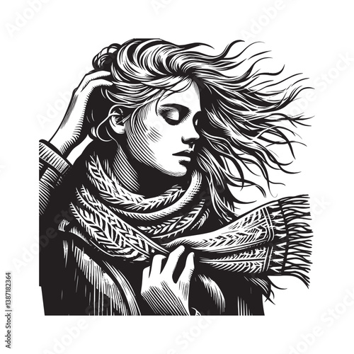 Monochrome depiction of a woman with windblown hair and patterned scarf