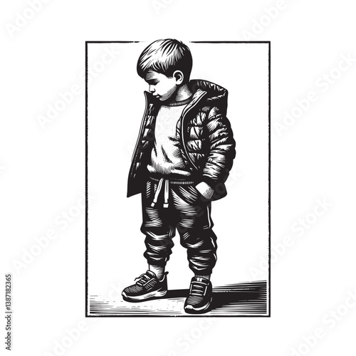 Monochrome drawing of a boy in casual attire with a thoughtful gaze