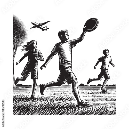 Monochrome family enjoying active recreation with a flying disc in parkland