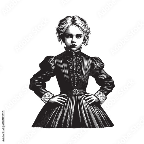 Monochrome etching of a young girl adorned in antique gothic attire