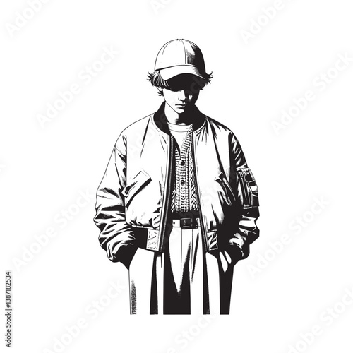 Monochrome fashion illustration featuring a boy with a retro bomber jacket style
