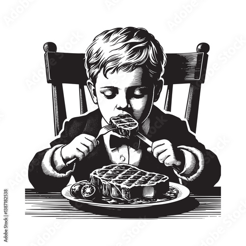Monochrome illustration of a boy enjoying a steak dinner with formality