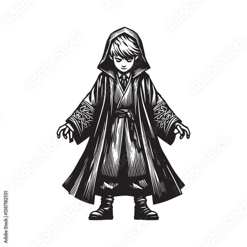Monochrome Illustration of a Boy in Robes with Intricate Pattern Details