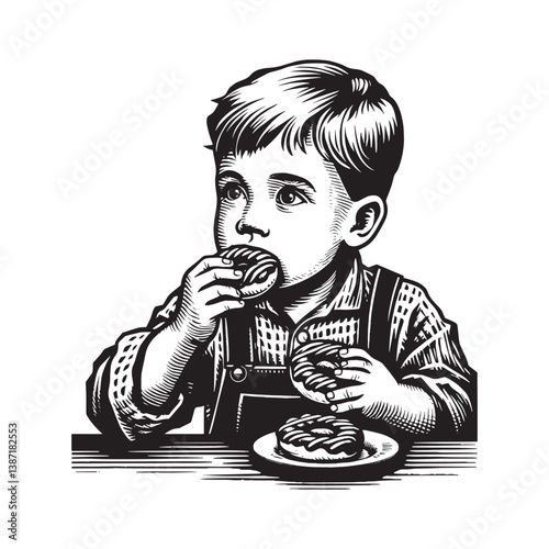 Monochrome illustration of a boy relishing sweet doughnuts with delight