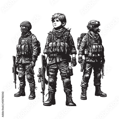 Monochrome illustration featuring children soldiers in stylized battle gear fashion