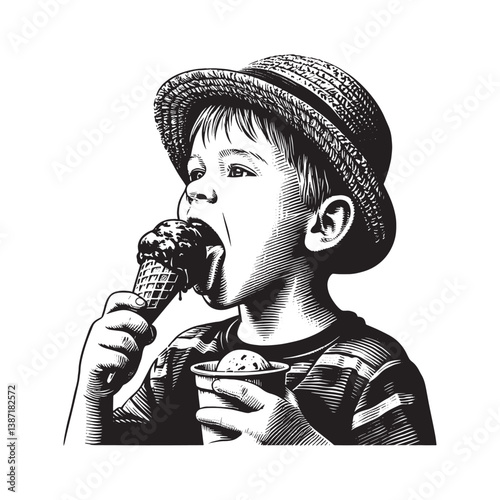 Monochrome illustration of a child indulging in ice cream delights during summer