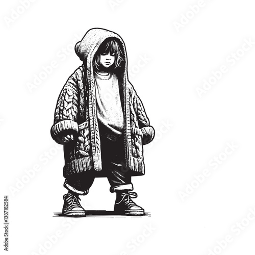 Monochrome illustration of a child in oversized knitwear with a contemplative gaze
