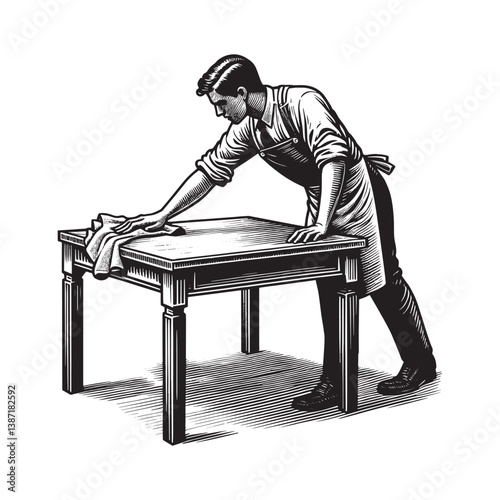 Monochrome illustration of a man dusting a wooden table with precision and care