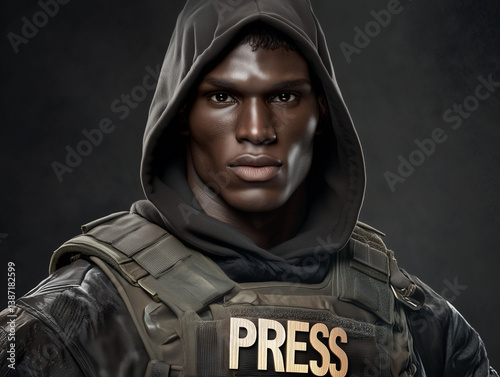 War correspondent wearing press vest and hoodie posing in studio