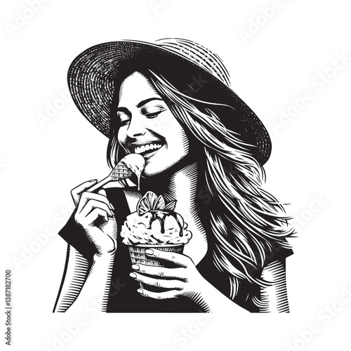 Monochrome illustration of a woman savoring gelato with pure delight radiating from her face