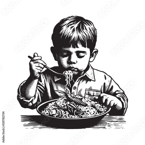 Monochrome illustration of a young boy enjoying a hearty seafood pasta dish