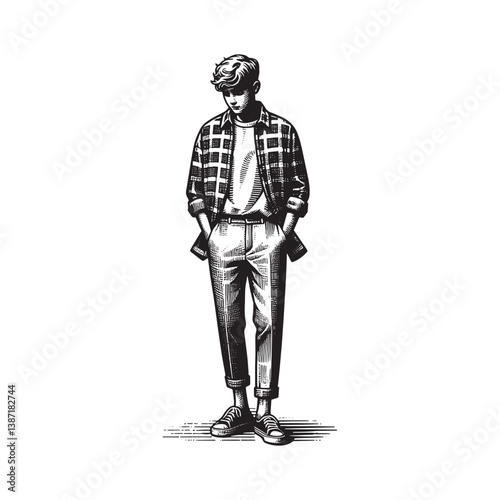 Monochrome illustration of a young man in casual outfit detailed woodcut