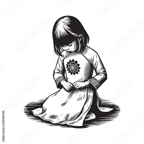 Monochrome Illustration of a Young Girl in Traditional Dress Kneeling Thoughtfully