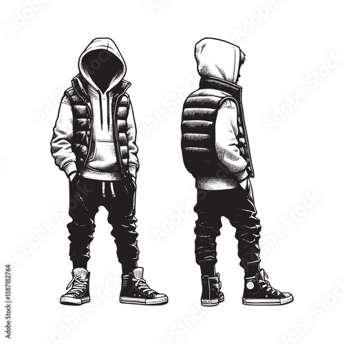 Monochrome illustration of a youth in casual streetwear in woodcut style