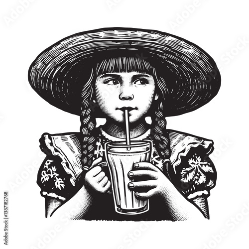 Monochrome illustration of a young girl drinking from a glass with a straw