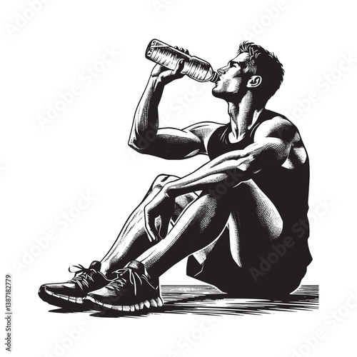 Monochrome illustration of an athlete hydrating after a workout session