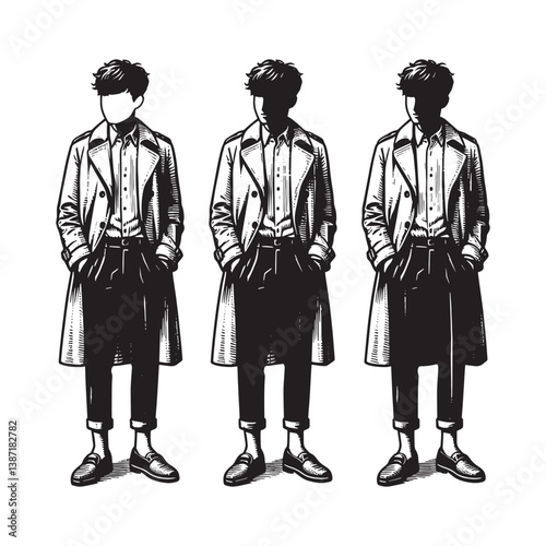 Monochrome illustration of figures in trench coats with traditional woodcut style