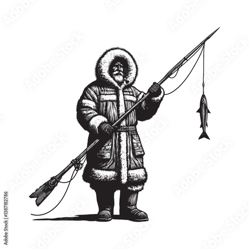 Monochrome illustration of an Inuit fisherman holding a fishing spear and caught fish