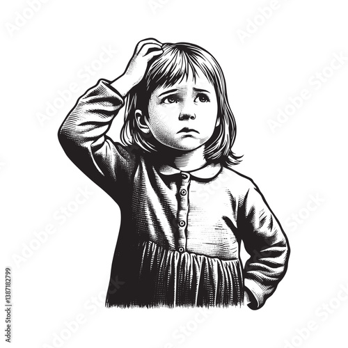 Monochrome illustration of a young girl thoughtfully scratching her head