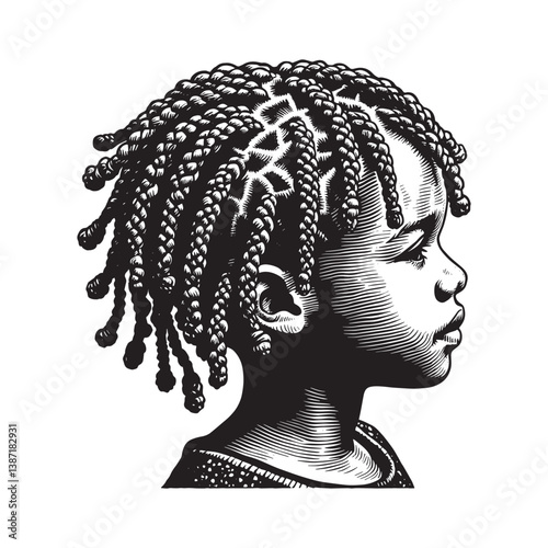 Monochrome portrait depicting a young girl with elaborate crochet braids hairstyle