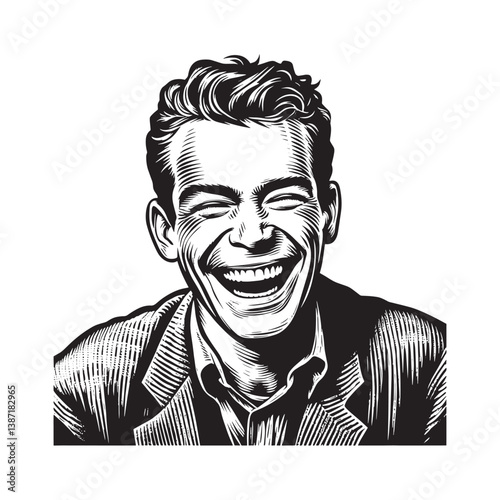 Monochrome portrait of a man, rendered in a realistic woodcut style art