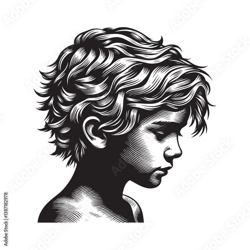 Monochrome portrait engraving of a young individual with curly hair