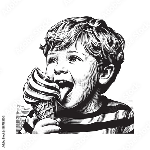 Monochrome portrayal of a boy savoring an ice cream cone in a realistic art style