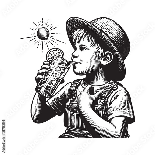 Monochrome portrayal of a boy relishing refreshing lemonade in summer heat