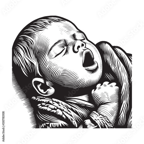 Monochrome rendering of a newborn baby evoking a classic woodcut style