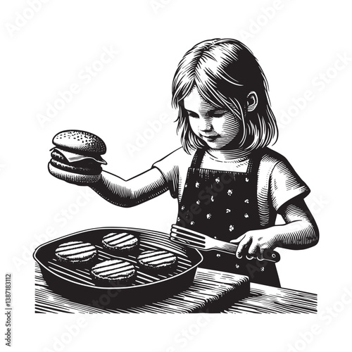 Monochrome rendering of a young girl preparing burgers on a grill pan