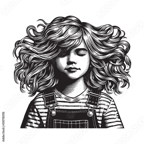 Monochrome Portrayal of a Youngster with Flowing Hair in Woodcut Style