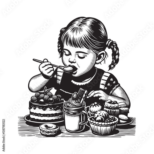 Monochrome portrayal of a young girl delightfully eating sweets and cakes