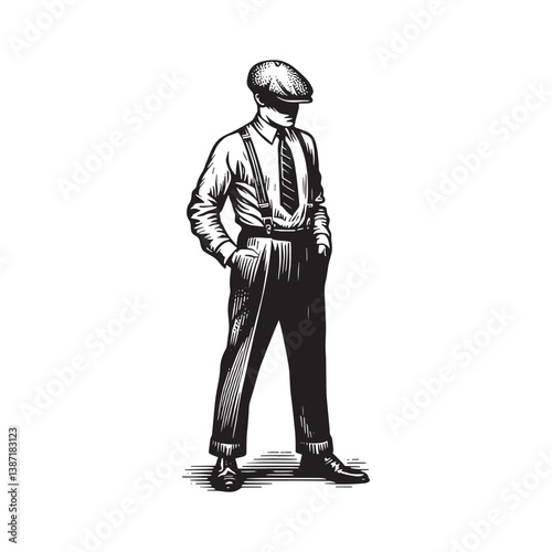 Monochrome rendition of a gentleman in vintage attire with suspenders and cap