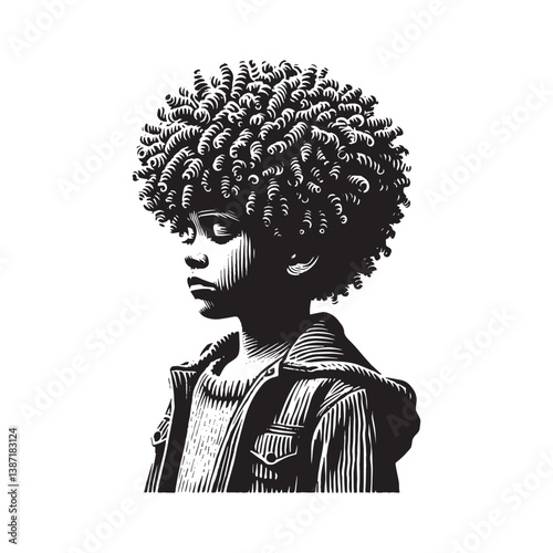 Monochrome portrait of thoughtful child with textured Afro hairstyle