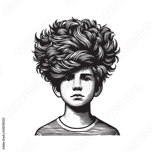 Monochrome rendering of a young individual with flamboyant hairstyle in woodcut drawing