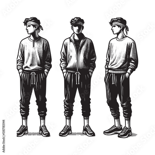 Monochrome stylized woodcut of a male figure in casual athletic wear