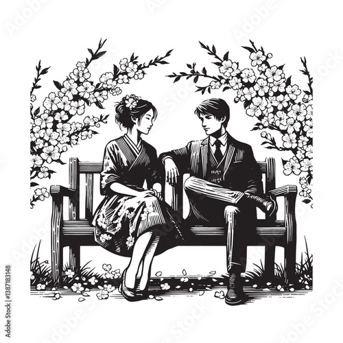 Monochrome serenity couple on a bench beneath blossoming cherry trees artful engraving