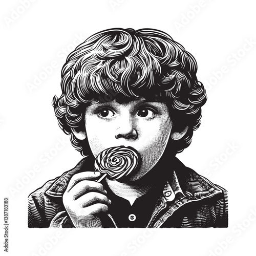 Monochrome woodcut art of a boy enjoying a lollipop with curly hair